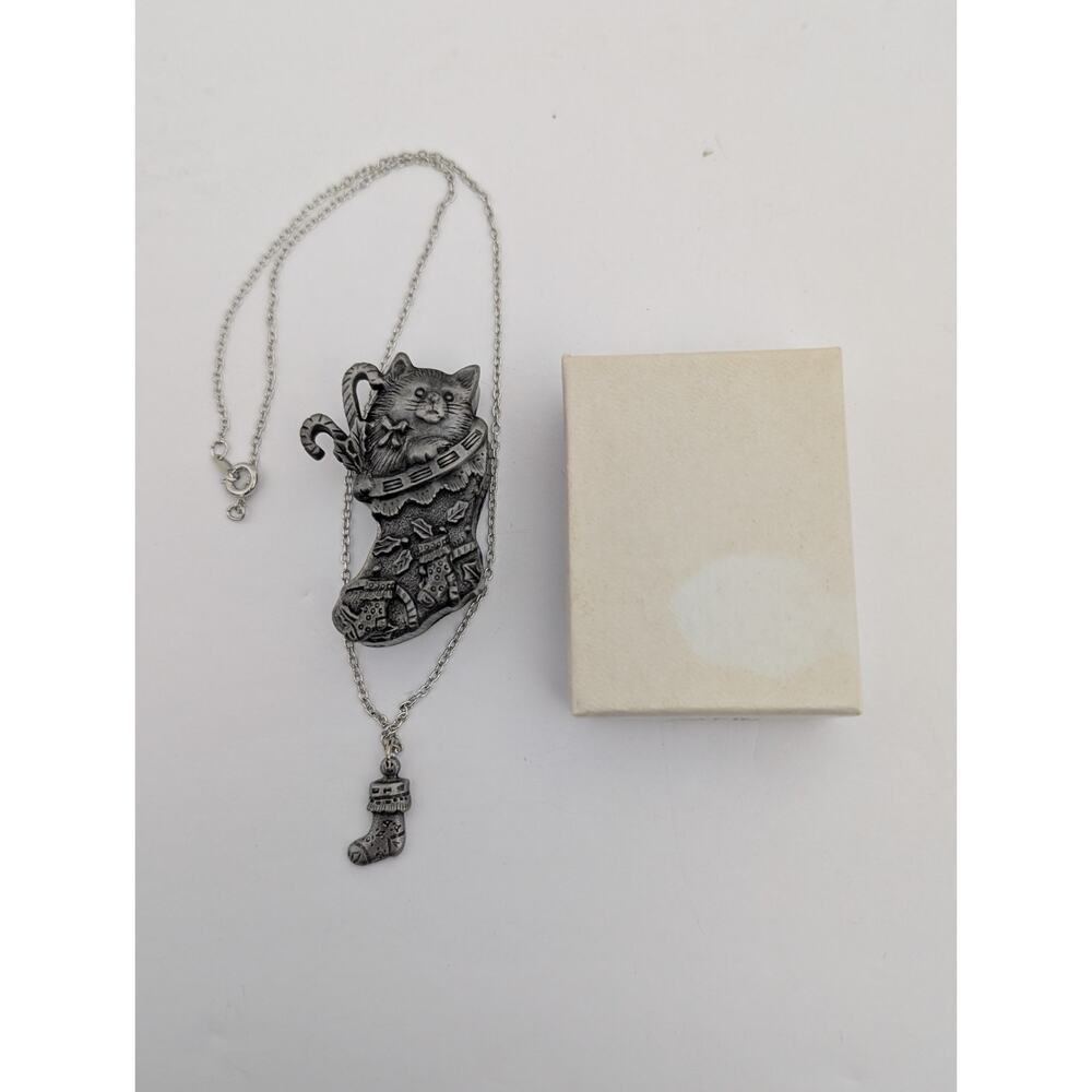 Vintage TORINO Pewter Christmas Cat Stocking Trinket Box Necklace Brooch Set
